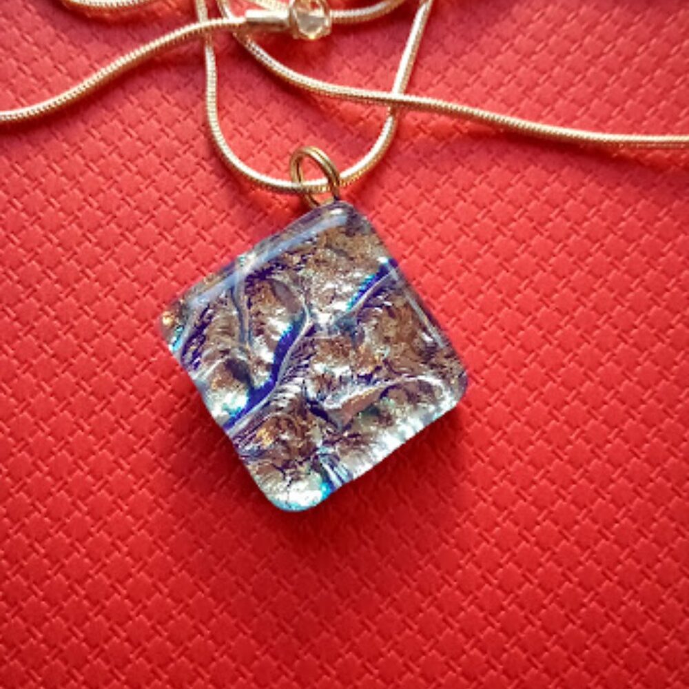 Blue and Silver Dichroic Glass Pendant on a Chain